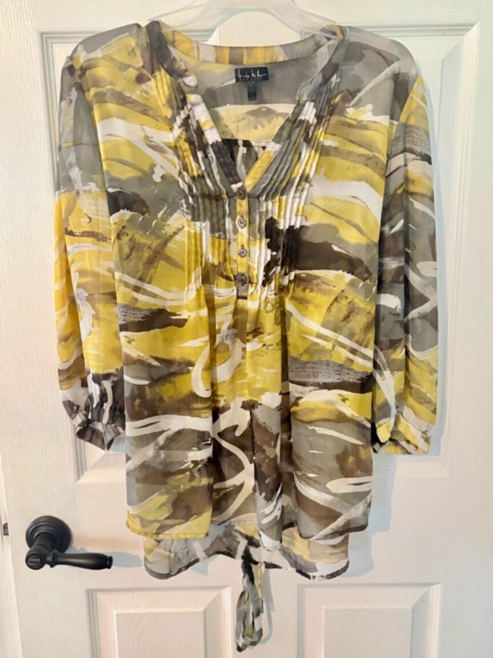 Sheer Abstract Belted Tunic Blouse Yellow Gray L - Nicole Miller New York